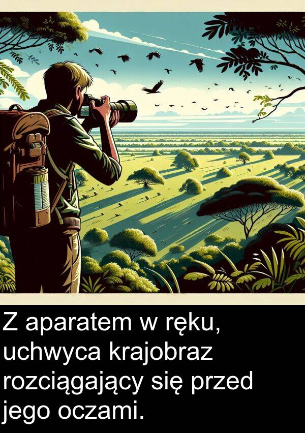 przed: Z aparatem w ręku, uchwyca krajobraz rozciągający się przed jego oczami.