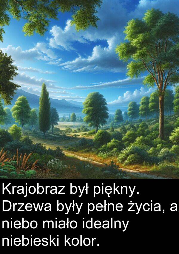 życia: Krajobraz był piękny. Drzewa były pełne życia, a niebo miało idealny niebieski kolor.