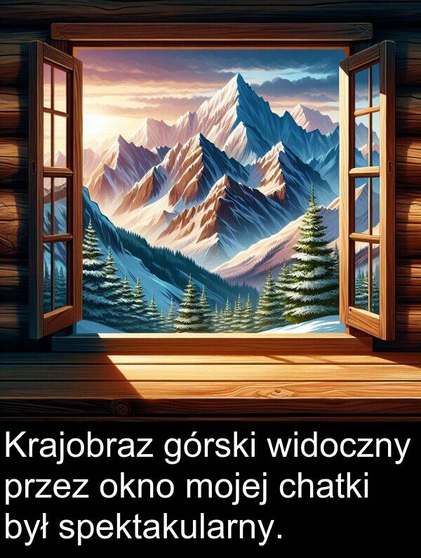 chatki: Krajobraz górski widoczny przez okno mojej chatki był spektakularny.