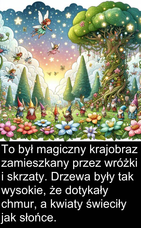 wróżki: To był magiczny krajobraz zamieszkany przez wróżki i skrzaty. Drzewa były tak wysokie, że dotykały chmur, a kwiaty świeciły jak słońce.