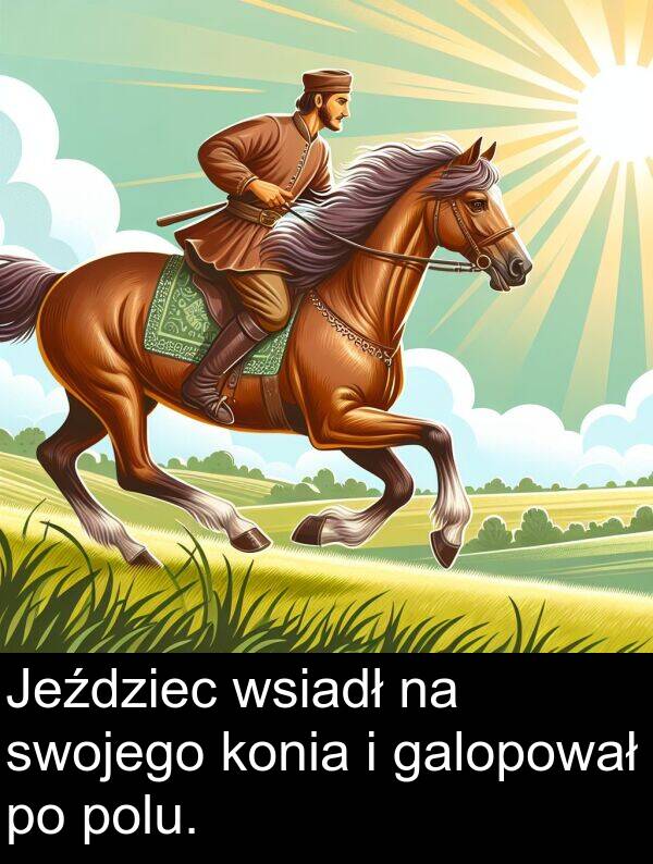 wsiadł: Jeździec wsiadł na swojego konia i galopował po polu.