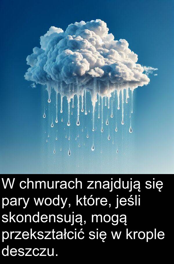 przekształcić: W chmurach znajdują się pary wody, które, jeśli skondensują, mogą przekształcić się w krople deszczu.