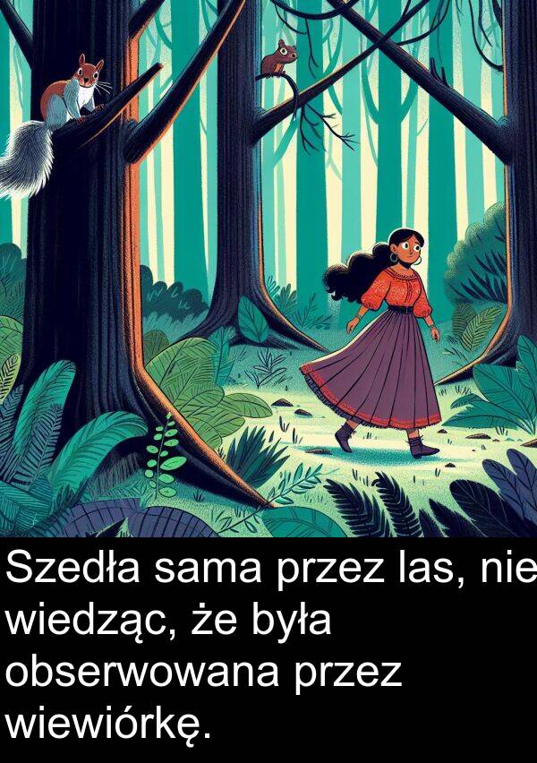 wiedząc: Szedła sama przez las, nie wiedząc, że była obserwowana przez wiewiórkę.