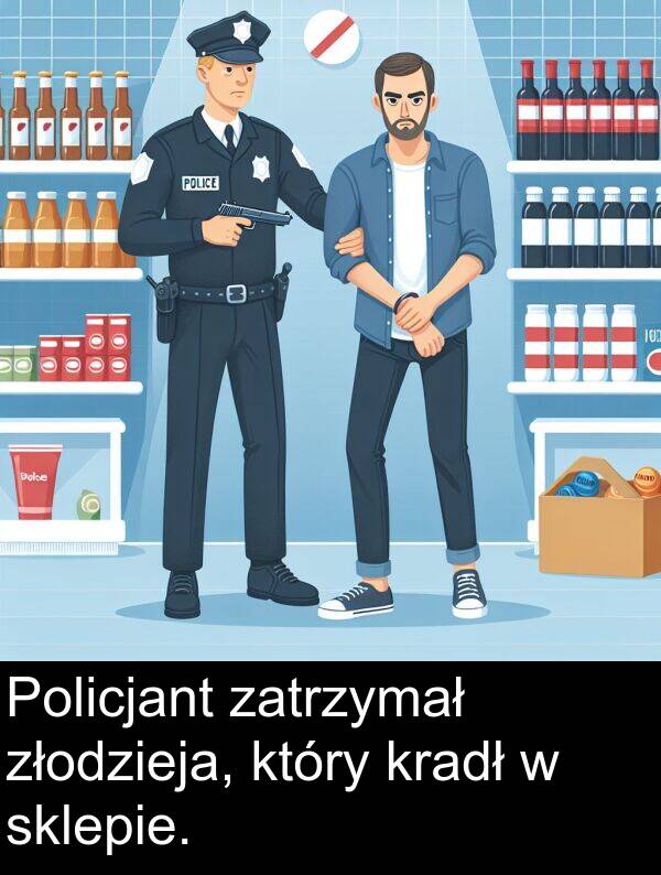 złodzieja: Policjant zatrzymał złodzieja, który kradł w sklepie.