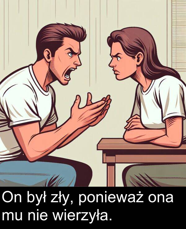 zły: On był zły, ponieważ ona mu nie wierzyła.