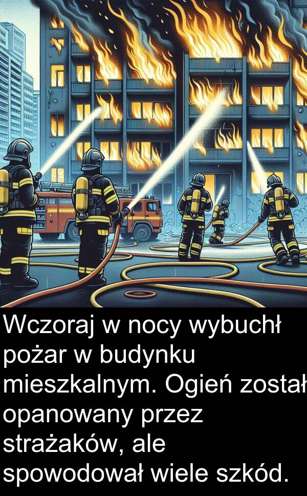 pożar: Wczoraj w nocy wybuchł pożar w budynku mieszkalnym. Ogień został opanowany przez strażaków, ale spowodował wiele szkód.