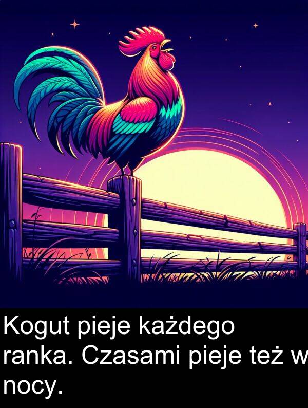 pieje: Kogut pieje każdego ranka. Czasami pieje też w nocy.