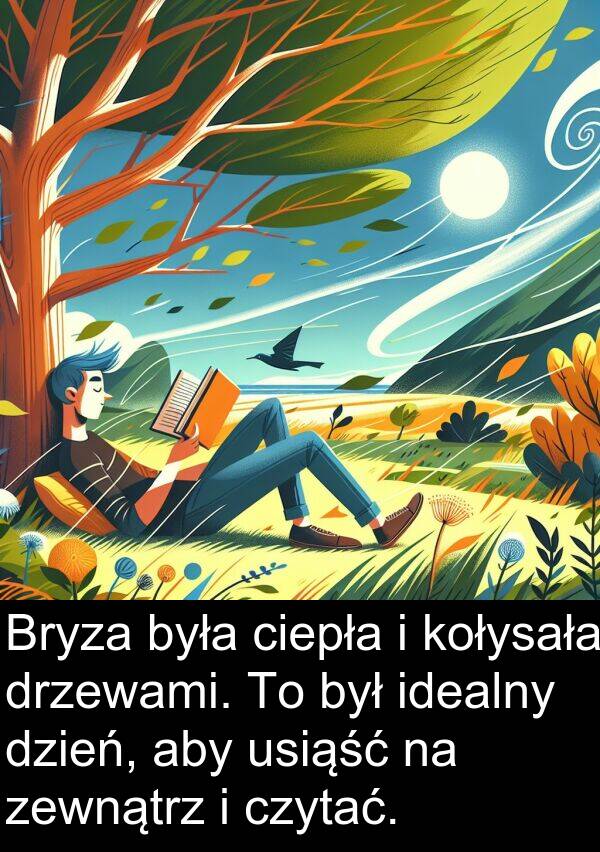 zewnątrz: Bryza była ciepła i kołysała drzewami. To był idealny dzień, aby usiąść na zewnątrz i czytać.