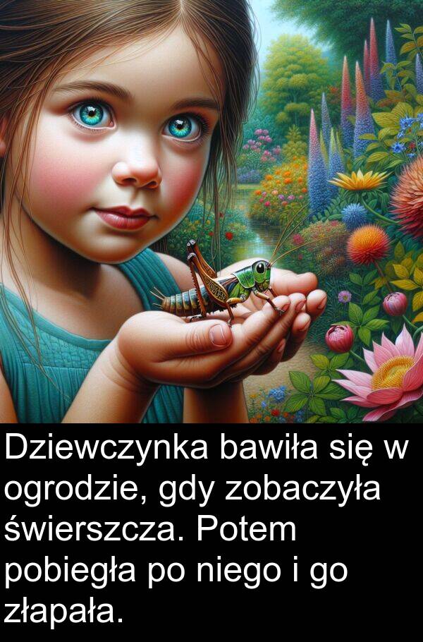 złapała: Dziewczynka bawiła się w ogrodzie, gdy zobaczyła świerszcza. Potem pobiegła po niego i go złapała.