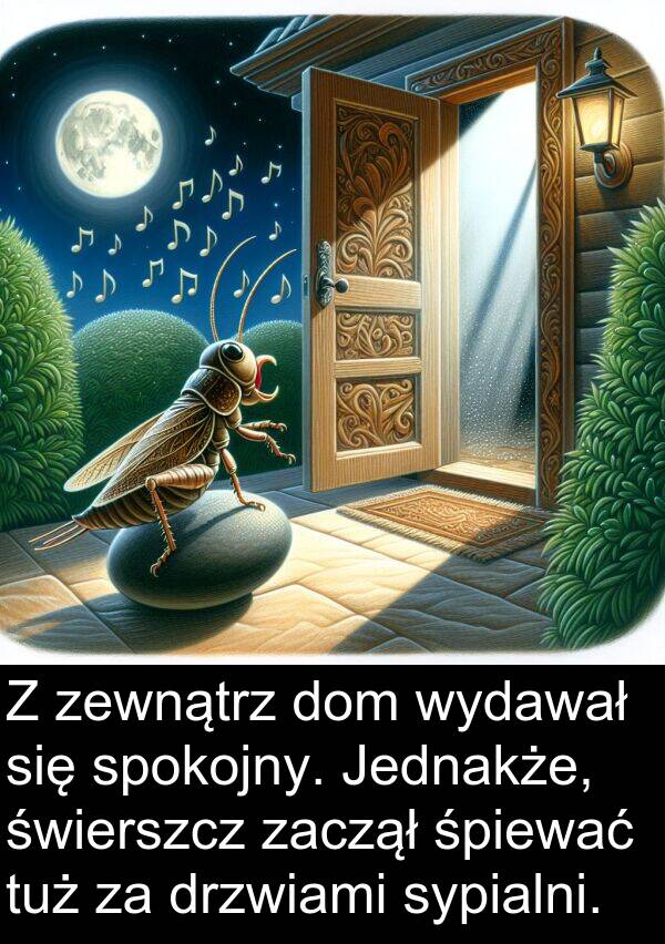 zaczął: Z zewnątrz dom wydawał się spokojny. Jednakże, świerszcz zaczął śpiewać tuż za drzwiami sypialni.