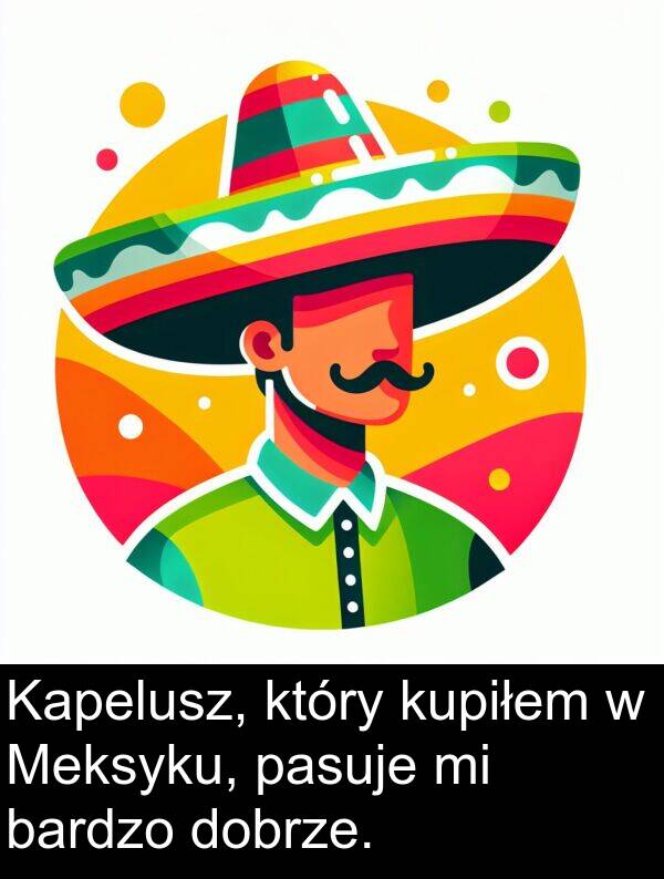 pasuje: Kapelusz, który kupiłem w Meksyku, pasuje mi bardzo dobrze.