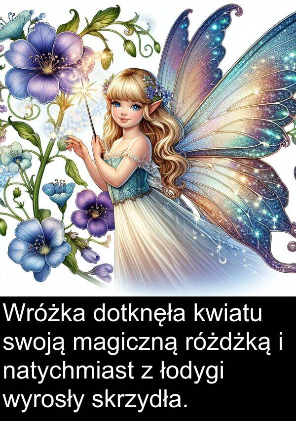 magiczną: Wróżka dotknęła kwiatu swoją magiczną różdżką i natychmiast z łodygi wyrosły skrzydła.