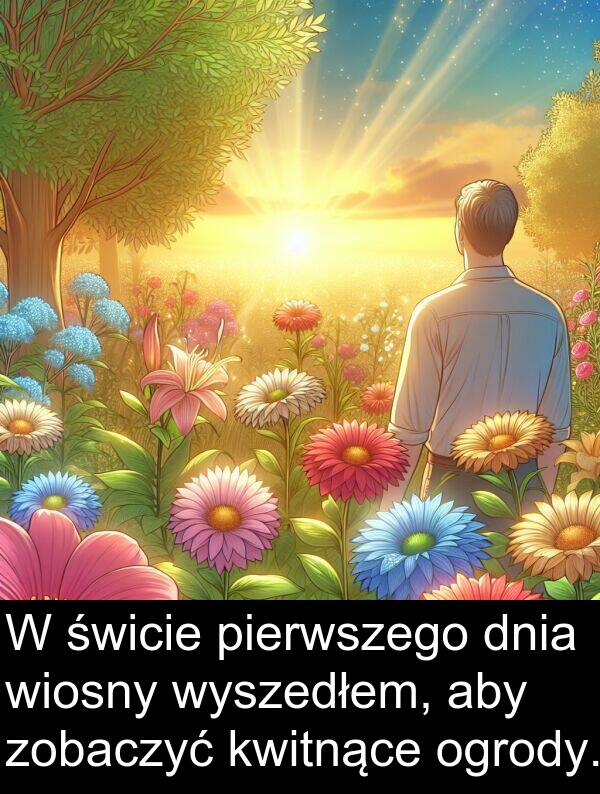 pierwszego: W świcie pierwszego dnia wiosny wyszedłem, aby zobaczyć kwitnące ogrody.