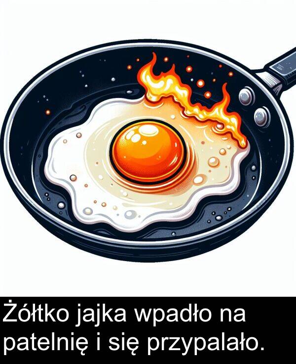 przypalało: Żółtko jajka wpadło na patelnię i się przypalało.
