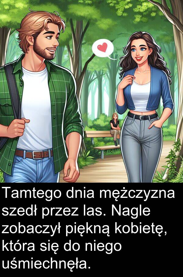piękną: Tamtego dnia mężczyzna szedł przez las. Nagle zobaczył piękną kobietę, która się do niego uśmiechnęła.