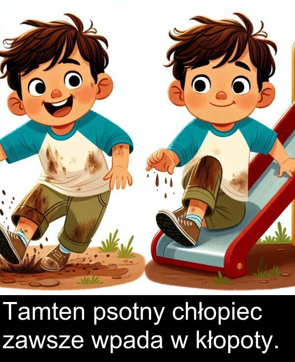 psotny: Tamten psotny chłopiec zawsze wpada w kłopoty.