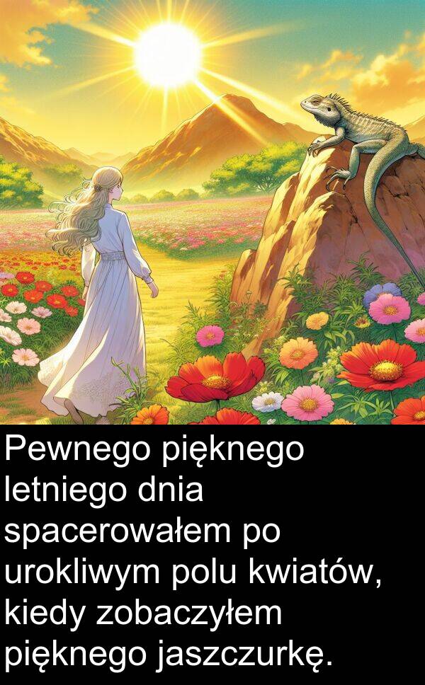 pięknego: Pewnego pięknego letniego dnia spacerowałem po urokliwym polu kwiatów, kiedy zobaczyłem pięknego jaszczurkę.