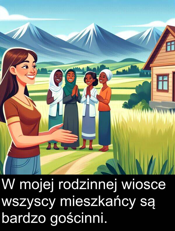 wiosce: W mojej rodzinnej wiosce wszyscy mieszkańcy są bardzo gościnni.