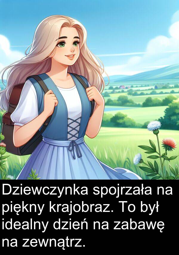 zewnątrz: Dziewczynka spojrzała na piękny krajobraz. To był idealny dzień na zabawę na zewnątrz.