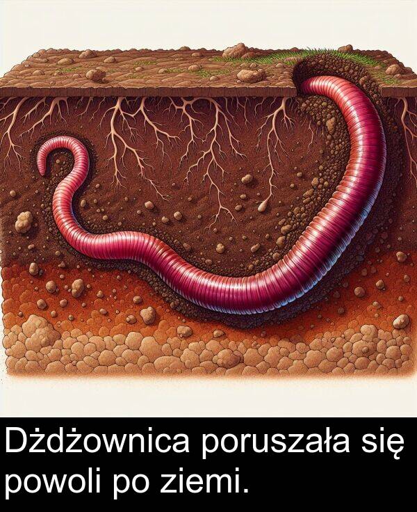 powoli: Dżdżownica poruszała się powoli po ziemi.