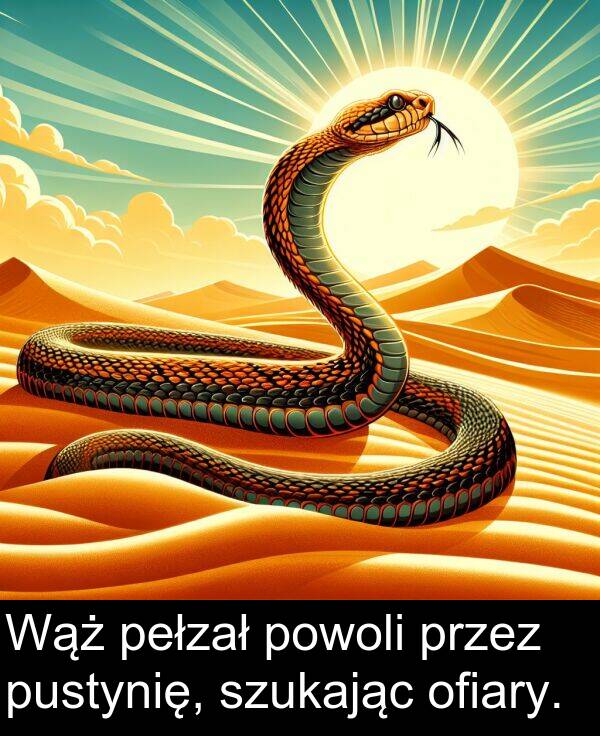 powoli: Wąż pełzał powoli przez pustynię, szukając ofiary.
