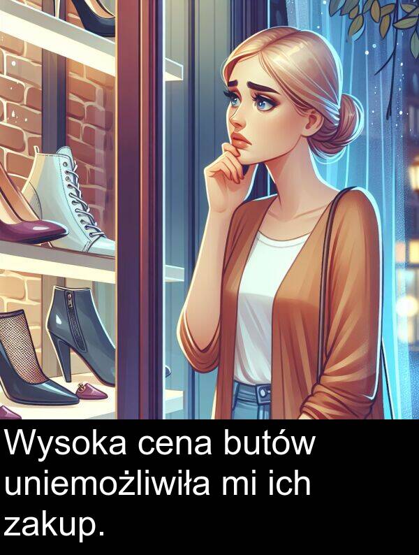 cena: Wysoka cena butów uniemożliwiła mi ich zakup.
