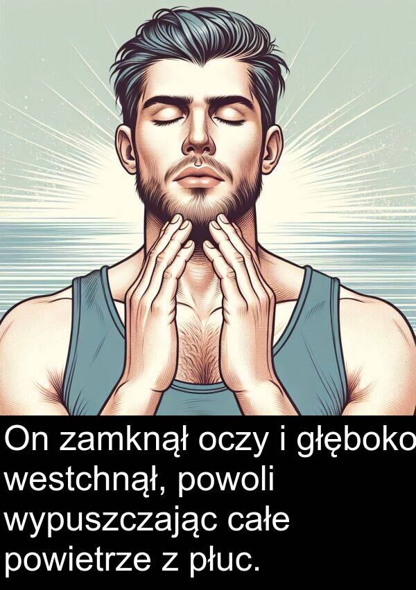 powoli: On zamknął oczy i głęboko westchnął, powoli wypuszczając całe powietrze z płuc.