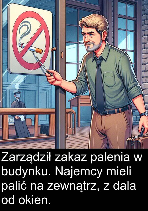 zewnątrz: Zarządził zakaz palenia w budynku. Najemcy mieli palić na zewnątrz, z dala od okien.