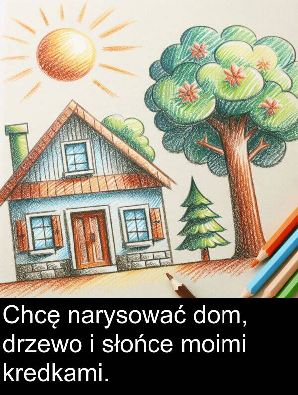 kredkami: Chcę narysować dom, drzewo i słońce moimi kredkami.