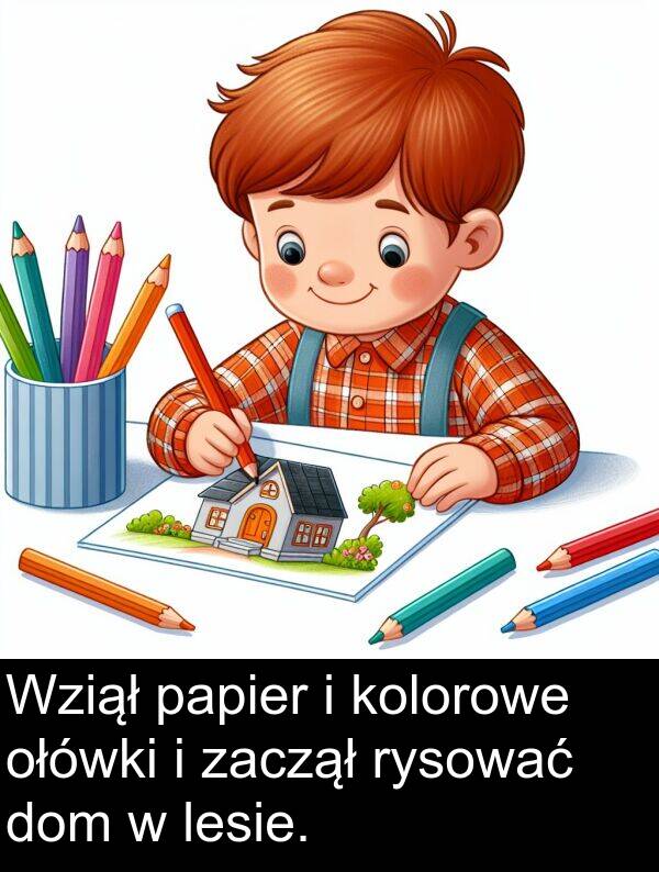 zaczął: Wziął papier i kolorowe ołówki i zaczął rysować dom w lesie.