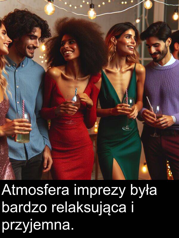 przyjemna: Atmosfera imprezy była bardzo relaksująca i przyjemna.
