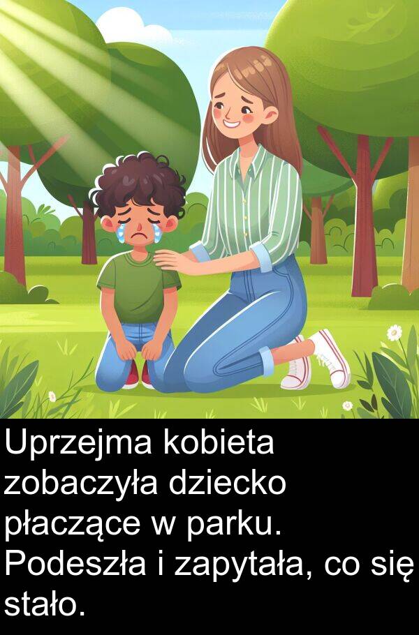 płaczące: Uprzejma kobieta zobaczyła dziecko płaczące w parku. Podeszła i zapytała, co się stało.