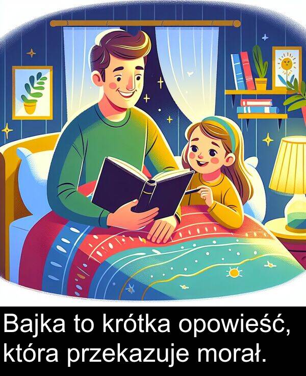 przekazuje: Bajka to krótka opowieść, która przekazuje morał.