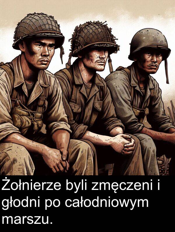 zmęczeni: Żołnierze byli zmęczeni i głodni po całodniowym marszu.