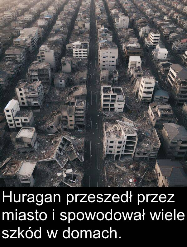 przeszedł: Huragan przeszedł przez miasto i spowodował wiele szkód w domach.