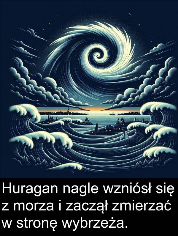 zaczął: Huragan nagle wzniósł się z morza i zaczął zmierzać w stronę wybrzeża.