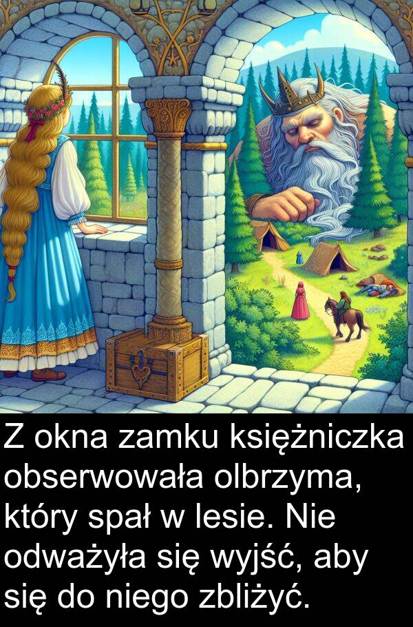 zbliżyć: Z okna zamku księżniczka obserwowała olbrzyma, który spał w lesie. Nie odważyła się wyjść, aby się do niego zbliżyć.