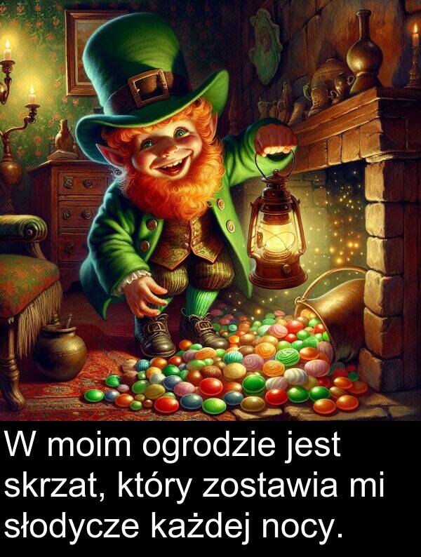 każdej: W moim ogrodzie jest skrzat, który zostawia mi słodycze każdej nocy.