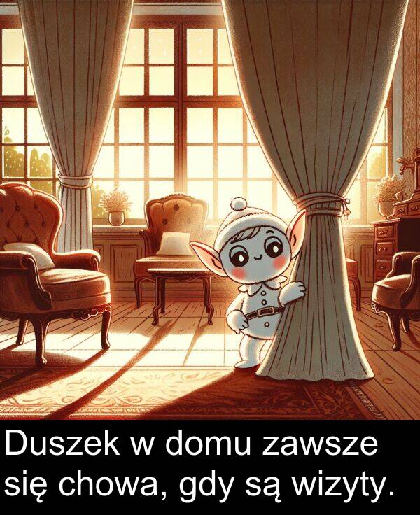 zawsze: Duszek w domu zawsze się chowa, gdy są wizyty.