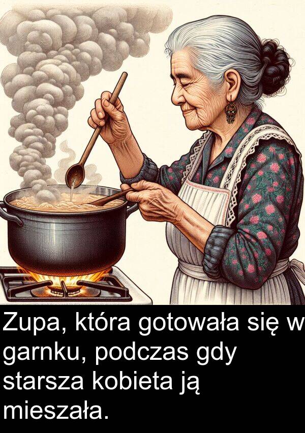 garnku: Zupa, która gotowała się w garnku, podczas gdy starsza kobieta ją mieszała.