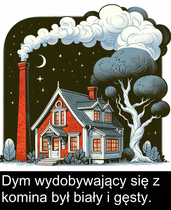 wydobywający: Dym wydobywający się z komina był biały i gęsty.