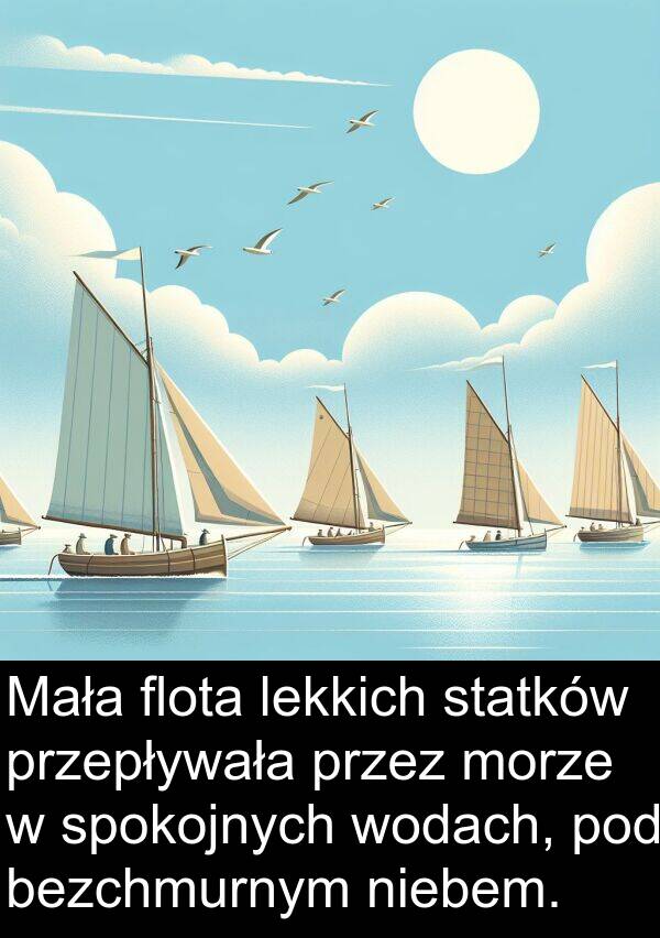 przepływała: Mała flota lekkich statków przepływała przez morze w spokojnych wodach, pod bezchmurnym niebem.