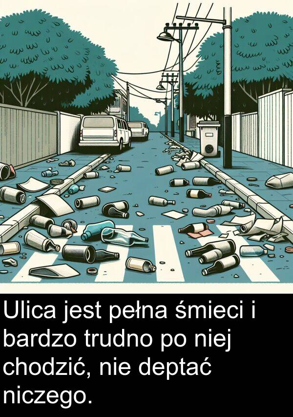 śmieci: Ulica jest pełna śmieci i bardzo trudno po niej chodzić, nie deptać niczego.
