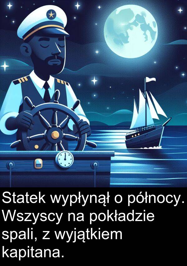 północy: Statek wypłynął o północy. Wszyscy na pokładzie spali, z wyjątkiem kapitana.