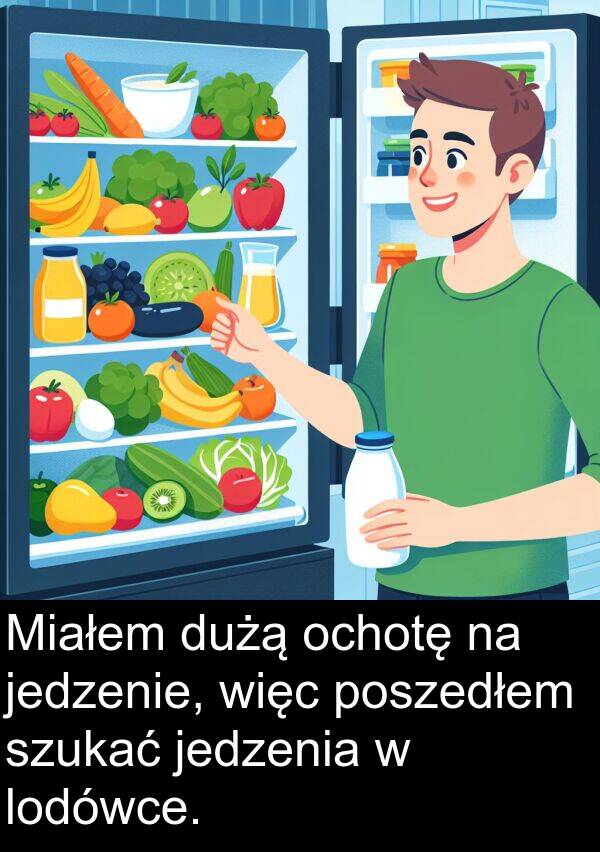 jedzenia: Miałem dużą ochotę na jedzenie, więc poszedłem szukać jedzenia w lodówce.
