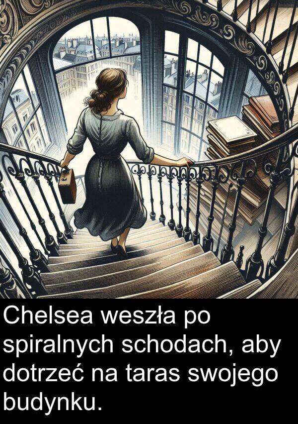 weszła: Chelsea weszła po spiralnych schodach, aby dotrzeć na taras swojego budynku.