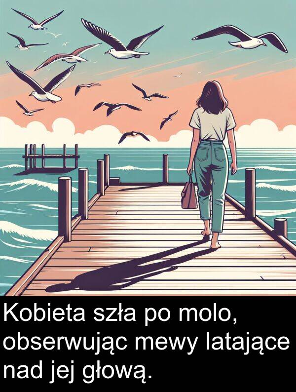 jej: Kobieta szła po molo, obserwując mewy latające nad jej głową.