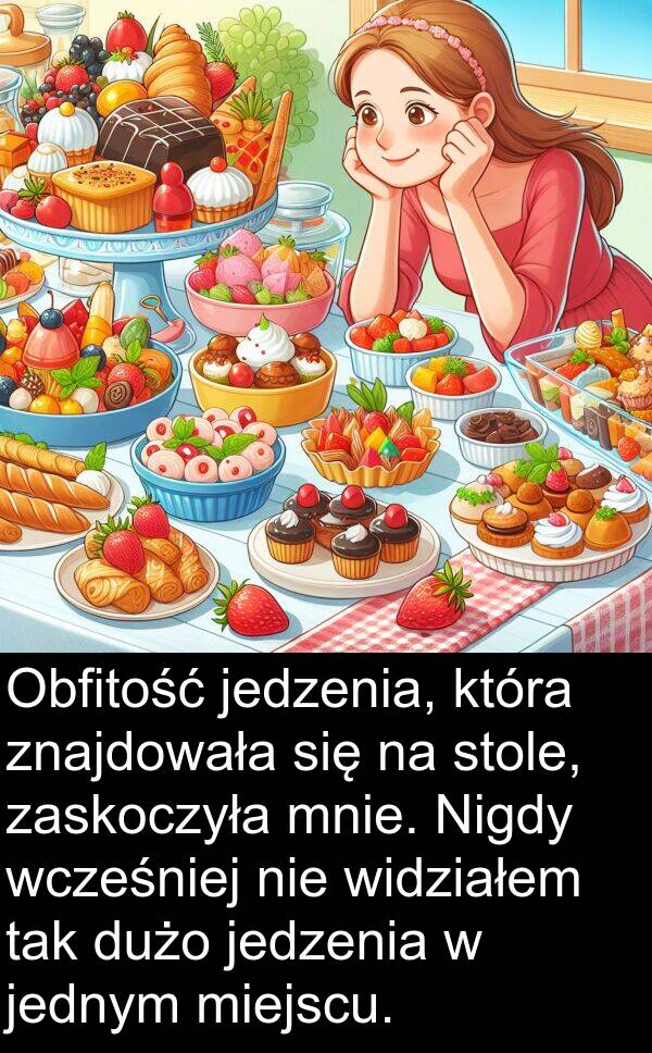 znajdowała: Obfitość jedzenia, która znajdowała się na stole, zaskoczyła mnie. Nigdy wcześniej nie widziałem tak dużo jedzenia w jednym miejscu.