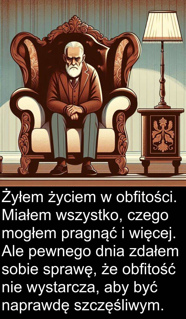 pragnąć: Żyłem życiem w obfitości. Miałem wszystko, czego mogłem pragnąć i więcej. Ale pewnego dnia zdałem sobie sprawę, że obfitość nie wystarcza, aby być naprawdę szczęśliwym.