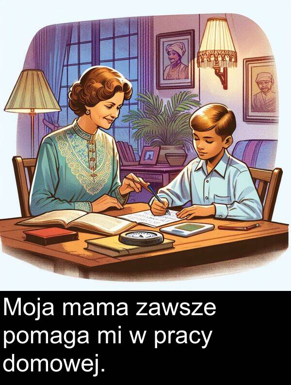 pracy: Moja mama zawsze pomaga mi w pracy domowej.